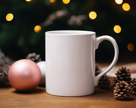White mug with christmas decorations on a wooden table in front of a Christmas treeの素材