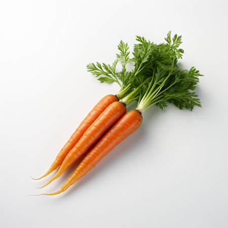 Bunch of fresh carrots with green leaves isolated on white background.の素材