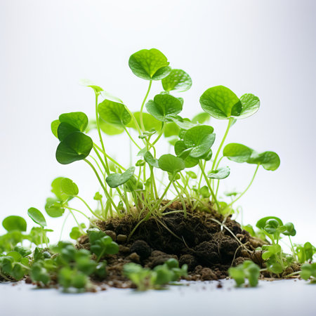 Young green seedling in soil isolated on white background, selective focusの素材