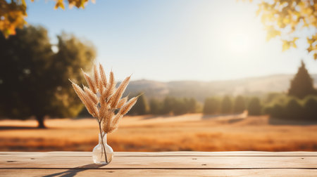 Autumn landscape with wheat spikelets on wooden table in front of blurred backgroundの素材