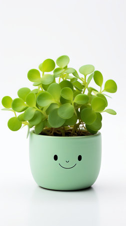 Green houseplant in a pot with a smiley face on a white backgroundの素材