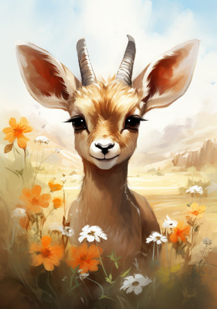 Digital painting of a young antelope in a meadow with flowersの素材