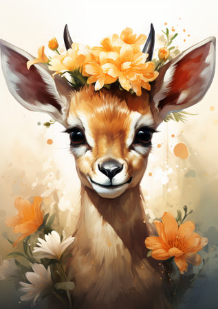 Portrait of a deer with a wreath of flowers. Digital painting.の素材