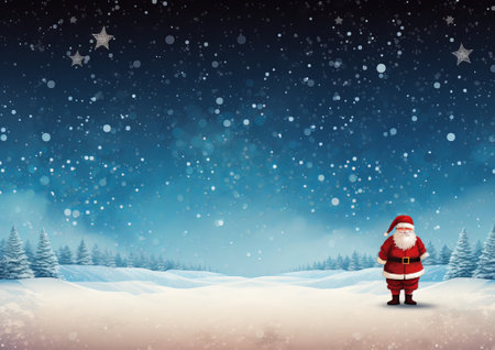 Santa Claus standing on the snow against christmas landscape with fir treesの素材