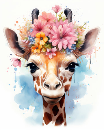 Watercolor giraffe head with flower wreath on white background.の素材
