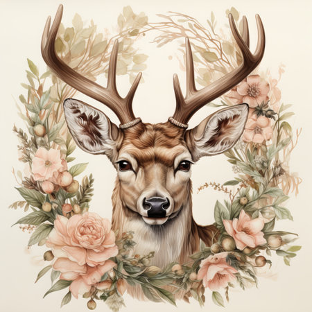 Beautiful portrait of a deer in a wreath of flowers.の素材