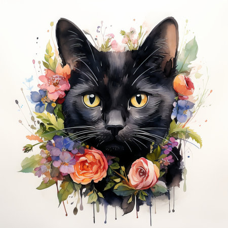 Watercolor portrait of a black cat with flowers on a white backgroundの素材