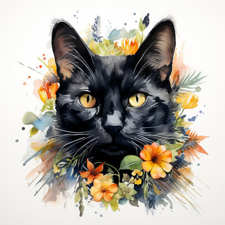 Watercolor portrait of a black cat with flowers isolated on white backgroundの素材