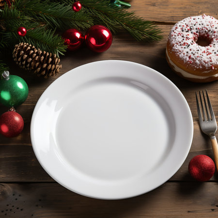Empty plate with christmas decorations on wooden background. Top view with copy spaceの素材