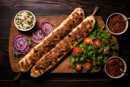 Grilled kebab with vegetables on a wooden board. top viewの素材