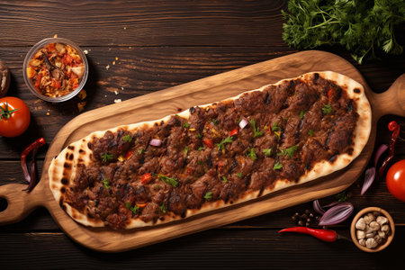 Turkish Traditional Ramadan Kebab on wooden background. top viewの素材