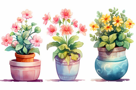 Flowers in pots. Watercolor illustration isolated on white background.の素材