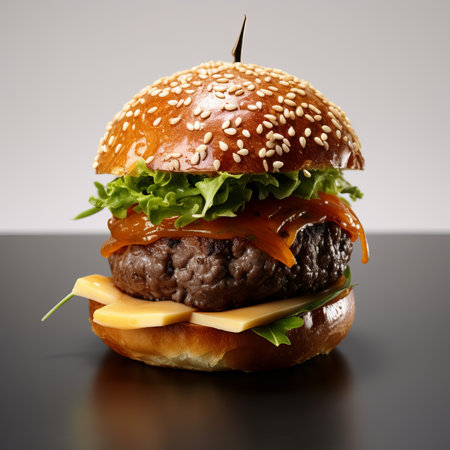 Hamburger with cheese, lettuce and tomato on a black backgroundの素材