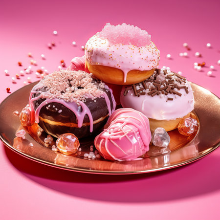 assorted donuts with chocolate, pink glaze and sprinklesの素材