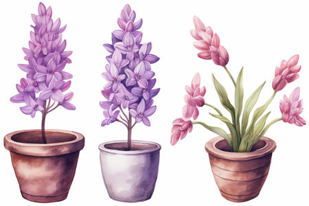 Beautiful hyacinths in pots. Watercolor illustration.の素材