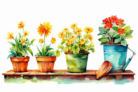 Flowers in pots on a white background. Watercolor illustration.の素材