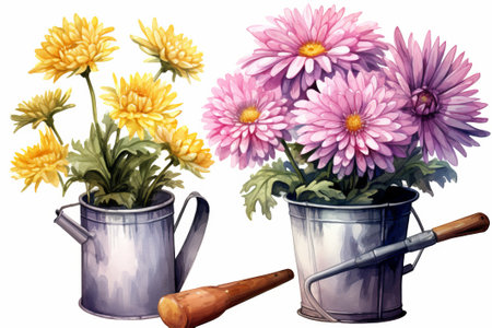 Watercolor painting of chrysanthemums in a watering canの素材