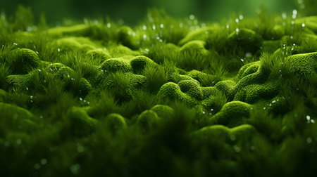 Green moss with drops of water. 3d rendering, 3d illustration.の素材