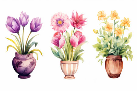 Set of watercolor spring flowers in vases, hand drawn illustrationの素材