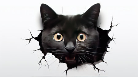 Black cat peeking through a hole in white wall, 3d illustrationの素材