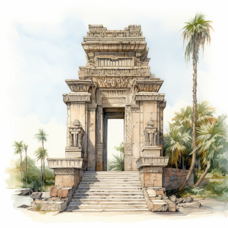 Ancient temple in Hampi, India. Digital watercolor painting.の素材
