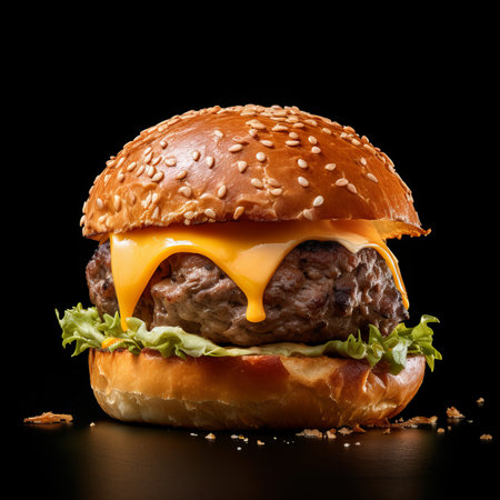 Cheeseburger on a black background. Close-up.の素材