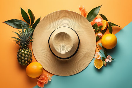 Summer hat with tropical leaves and fruits on color background, flat layの素材