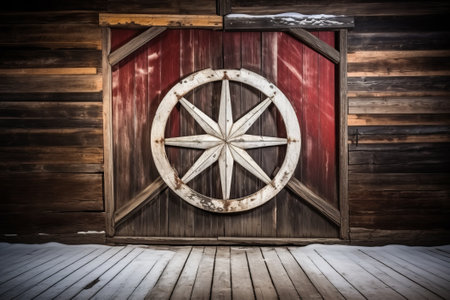 Wooden door with a wooden wheel in the background. Toned.の素材