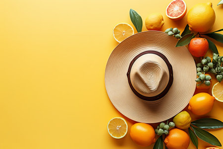 Summer composition with lemons, oranges and straw hat on color backgroundの素材