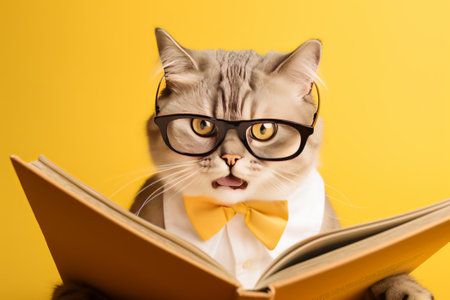cute cat in glasses and bow tie reading book on yellow backgroundの素材