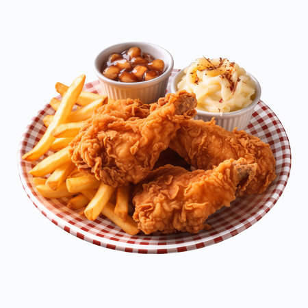 Fried chicken with french fries and mayonnaise isolated on white backgroundの素材