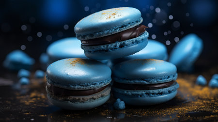 Macaroons on a dark background. Blue macaroon cakes.の素材