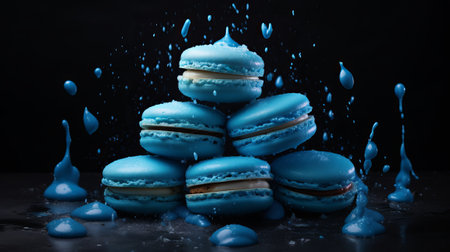 Blue macaroons on black background with drops of water. Toned.の素材
