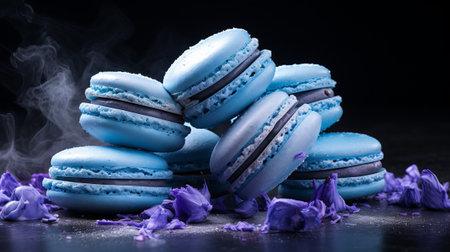 Blue macaroons on a black background with violet petals.の素材