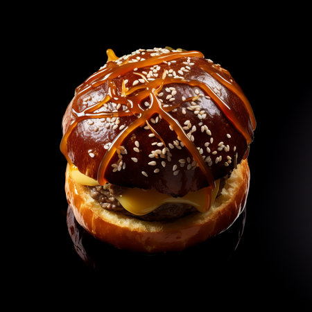 Hamburger with cheese and caramel sauce on a black background.の素材