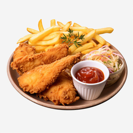 Fried chicken with french fries and salad isolated on white background.の素材