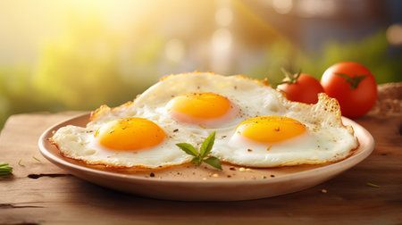 Fried eggs in a plate on a wooden table in the gardenの素材