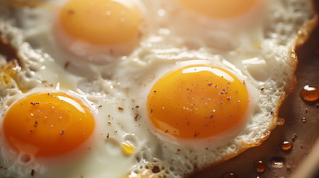 Fried eggs on a plate, close-up, selective focusの素材