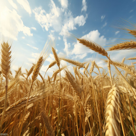 Golden wheat field and blue sky with clouds. Rich harvest concept.の素材