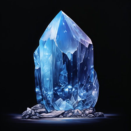 Blue crystal on a black background. 3d rendering, 3d illustration.の素材