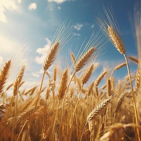 Wheat field. Ears of golden wheat close up. Rich harvest concept.の素材