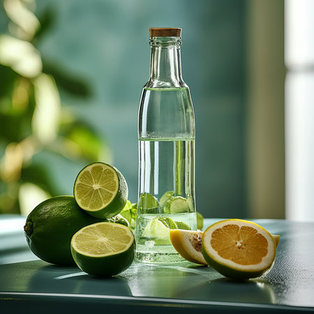 Bottle of water with lime and lemon on a green background.の素材