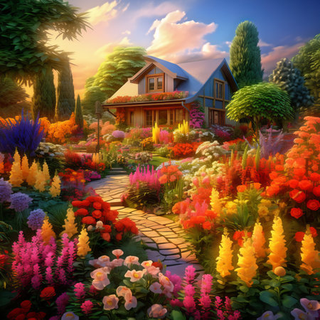3D rendering of a cozy house in the garden with flowers.の素材