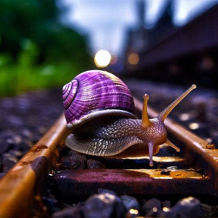 Snail on the rails of the railway. Selective focus.の素材