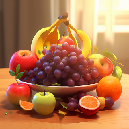 Fruit bowl with fruits on a wooden table. Vector illustration.の素材