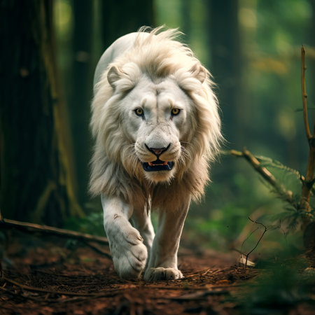 White lion in the forest. Wildlife scene from nature. Beautiful male lion.の素材