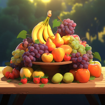 Fruits on a wooden table in the garden. 3d renderingの素材