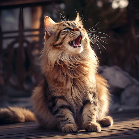Siberian cat sitting on a wooden terrace and yawning.の素材
