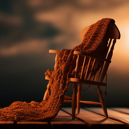 3d rendering of a rocking chair with a blanket against a sunset skyの素材