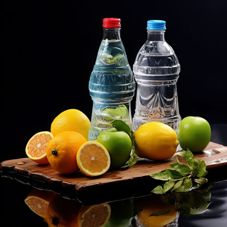 bottle of water with lemon and lime on wooden board on black backgroundの素材